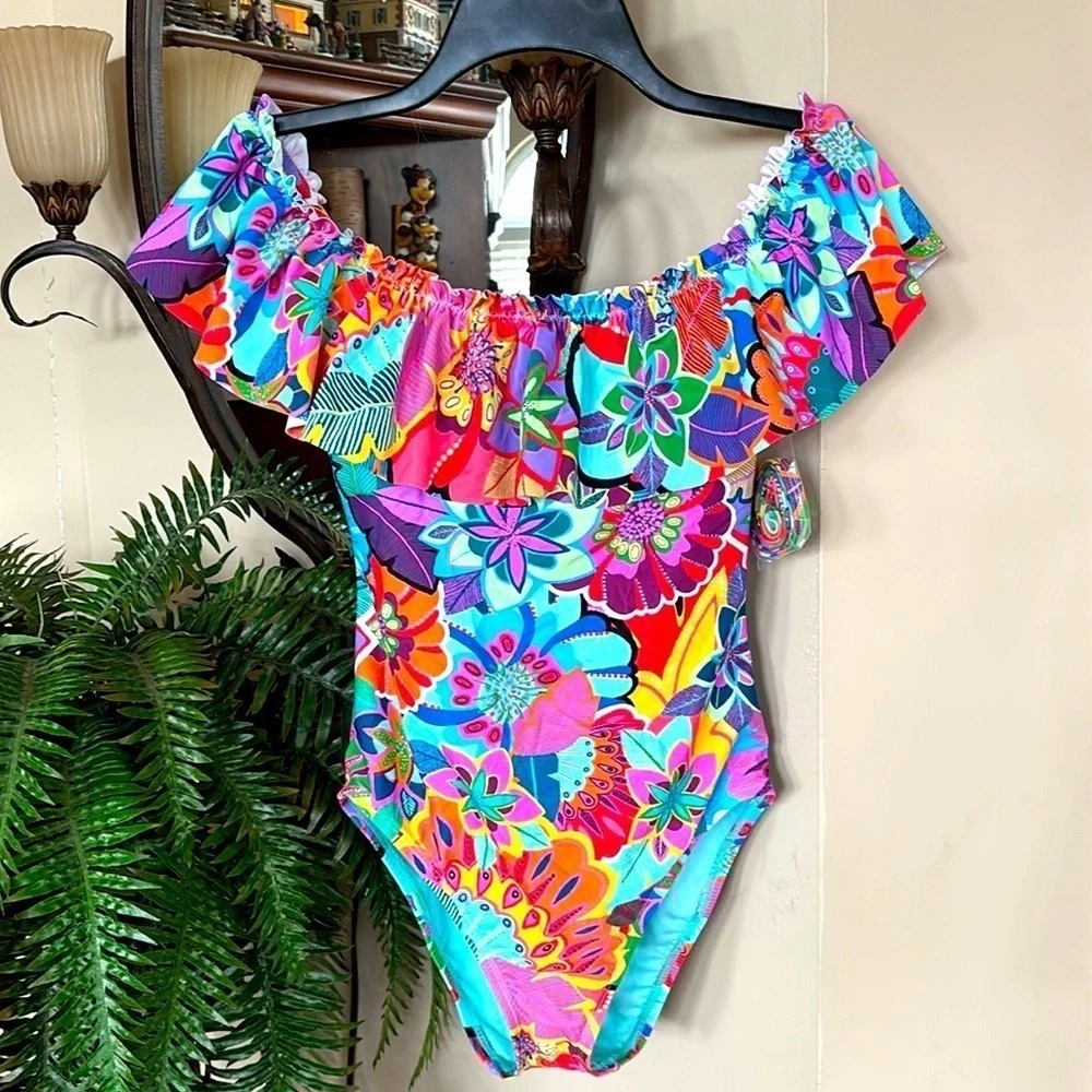 NWT Bleu Rod Beattie Colorful Floral Off The Shoulder Ruffle One-Piece Swimsuit